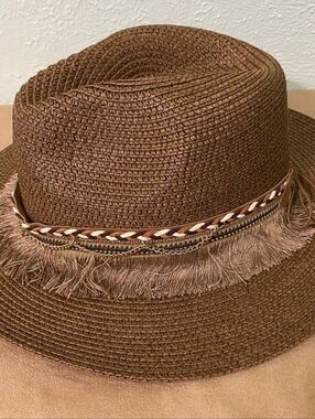 Brown Woven Straw Sun Hat with Braided Trim